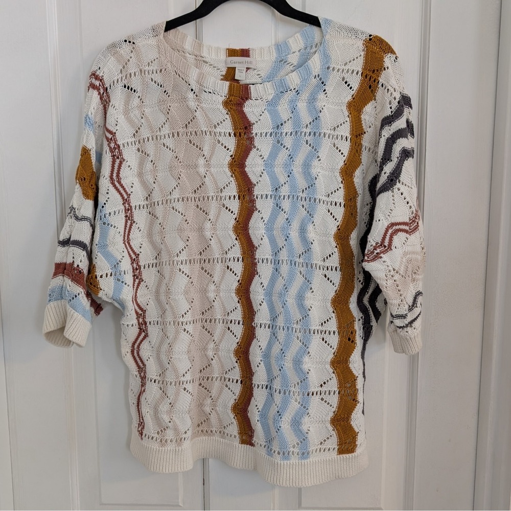 Garnet Hill Womens Open‎ Knit Sweater LARGE Boho Linen Blend Organic Sustainable